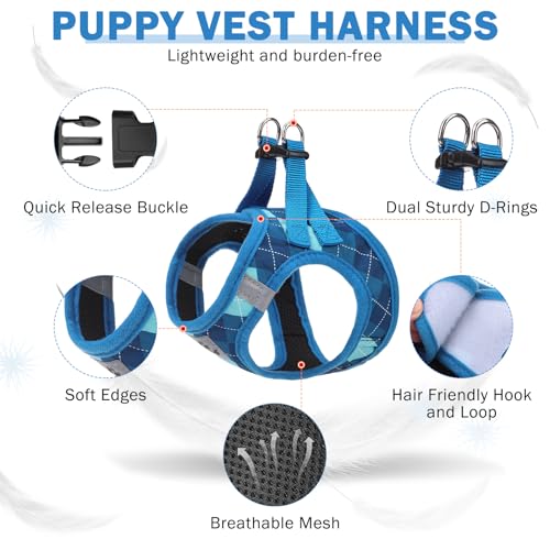 SCENEREAL Small Dog Harness and Leash Collar Set, Step in No Pull Soft Mesh Dog Harnesses for Small Medium Sized Dogs Puppy and Cats Outdoor Walking, No Chock Reflective Vest Harness, Blue Plaid XS - Image 4