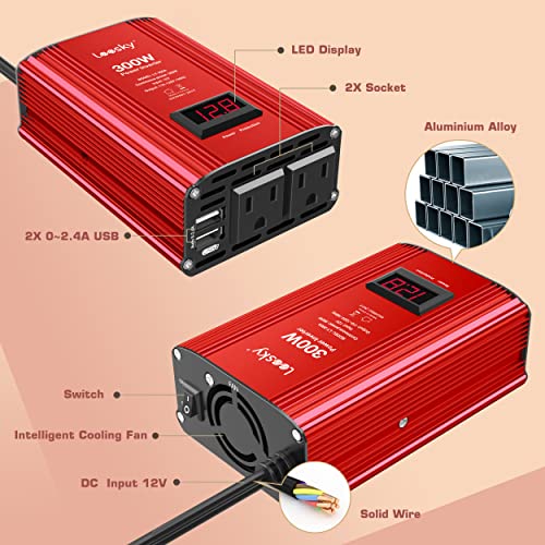 Power Inverter 300W Modified Sine Wave Car Converter Dc 12V To Ac 120V With Led Display Dual 4.8A Usb Ports 2 Ac Sockets Leesky #TOP22