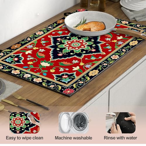 Image of Boho Floral Stove Top Covers Pad 28 x 20 inches Dish Drying Mat Coffee Bar Mats Kitchen Decor Absorbent Pad Fit Coffee Maker Machine Dish Drying