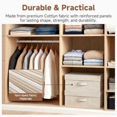 Image of StorageWorks Storage Bins with Lid, Decorative Fabric Storage Bins with Handles, Stackable Closet Organizers for Shelves and Bedroom, Small, Khaki and Beige Stripes, 2-Pack