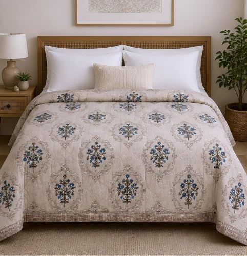Image of Dohar Single | Double Bed Polycotton Blankets for Summer 90x100inch, 150GSM Ac Comforter and Cooling for Summer Classic Printed Design Quilt Ideal for Gifting (Light Cream, Double)