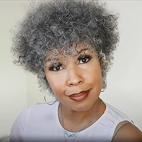 Afro Kinkys Curly Hair Wig Short Grey Wig Old Lady Afro Curly Human Hair Wig 150% Density