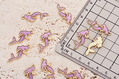 Image of Pack of 80 Mermaid Violet Enamel Charms Gold Plated Colored Pendants Hawaii Style Accessories for Necklace Bracelet Jewelry Making DIY Crafting