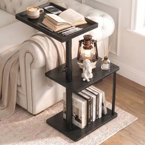 Image of Faesun C Table End Table Adjustable Height, 360Swivel TV Tray Table for Small Spaces, Small Nightstand for Living Room, Bedroom, Black