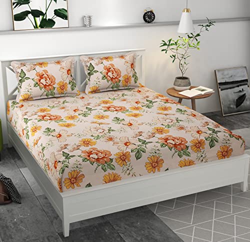 Image of KAWI Cotton Blend Elastic Fitted Bedsheet Queen Size Double Bed (78 inchX 72 inch) - Pink Color.