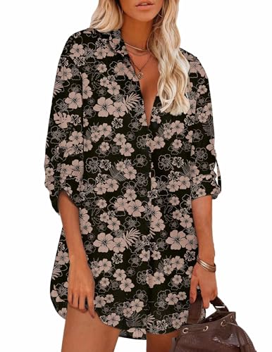 Image of HOTOUCH Women Boyfriend Shirts Button Down Long Sleeve Blouse Cuffed Sleeve Collared Shirt