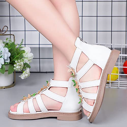 Summer Girls High Top Sandals Kids 𝐆ladiator Lace Up Sandals Zipper Flowers Cute Princess Shoes Non-Slip Sandals (White, 31 Little Child)3