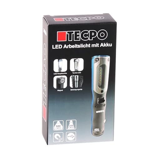 TECPO AKKU Werkstattlampe LED Inspektionsleuchte magnetisch 500 Lumen Handlampe 6500K 5+3 Watt Stablampe SMD Technik Lithium-lonen 3.7V 2500 mAh