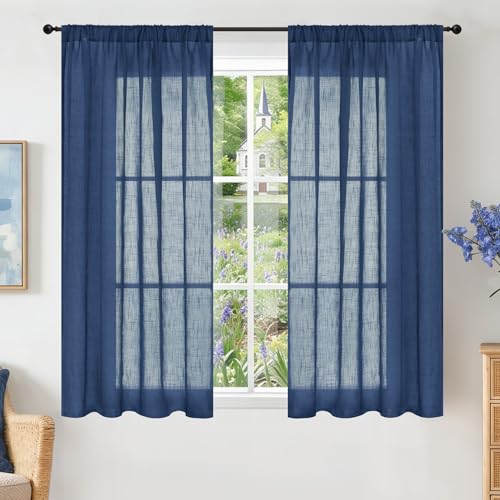 Image of BGment Navy Blue Linen Curtains 54 Inch Length for Short Living Room, Semi Sheer Window Drapes Light Filtering for Bedroom Dining Decor Lightweight with Rod Pocket, 2 Panels Set, Each 42 Inch Wide