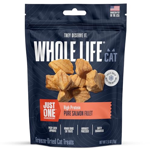 Whole Life Cat Just One Salmon Freeze Dried Cat Treats - Human Grade High Protein Food Healthy Training Snacks Freeze Dried Salmon Food Toppers USA Made Natural Treats - 2.5 oz (Pack of 1)