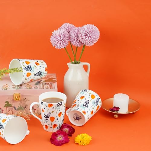 Image of Dandy Lines Conical Floral Fusion Milk Mug, Ceramic, Pack of 4, Microwave & Dishwasher Safe, Great for Home Use & Gifting