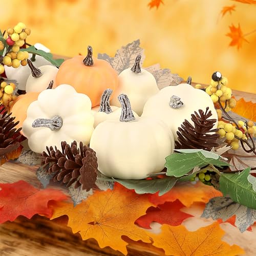 YARIEW 17 Pcs Assorted Small Artificial Pumpkins with Fake Maple...