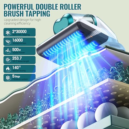 Image of Bed Vacuum Cleaner Mattress Vacuum with 16Kpa Suction 253.7nm UV-C Light, 30000 RPM /Min Dual Brushroll Rotation & Heating & Ultrasonic Tech, 500W, Corded (KM-PA1600-SE)