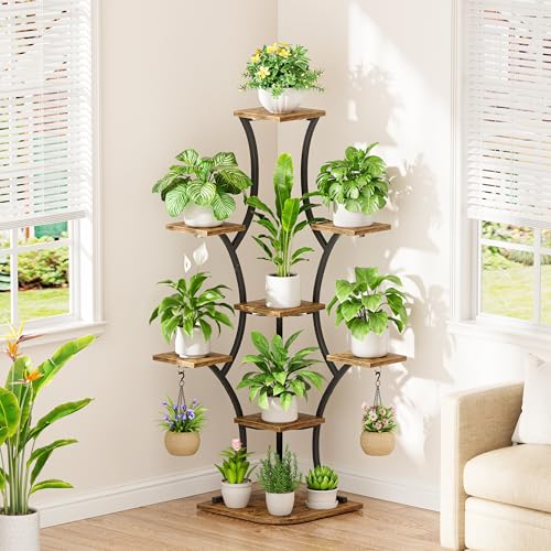 Image of Corner Indoor Plant Stand With Grow Lights, 8 Tier, 52.6 inch Tall | Plant Shelf, Flower Holder, Display Rack,Heavy Duty Anti-rust Iron Pipes, Water-resistant & Anti-corrosive Wood, Auto Timer