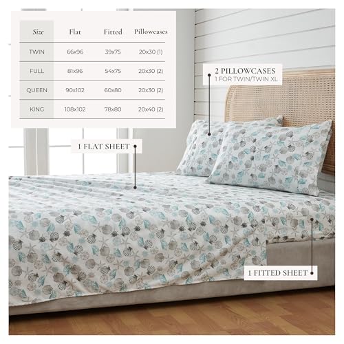 Image of Great Bay Home Queen Coastal Microfiber Sheet Set - 4-Piece Nautical-Printed, Ultra-Soft Sheets - Beach-Themed Bedding Sheets & Pillowcases (Seashell)