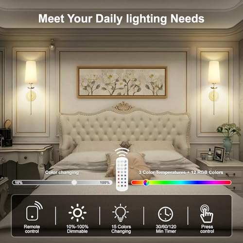 Image of Frideko Large Fabric Rechargeable Wall Sconces Set of Two with Remote, RGB 15 Color Dimmable Battery Operated Wall Light, Indoor Wireless Wall Lamp with 3 Timer, Modern Wall Lighting for Living Room