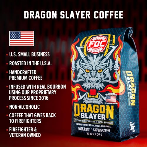 Image of Fire Department Coffee Dragon Slayer Coffee - Gives Back to Firefighters - Bourbon Infused - Ground Dark Roast - Non-Alcoholic - Roasted in the USA - Veteran Owned - 12 oz (Pack of 2)