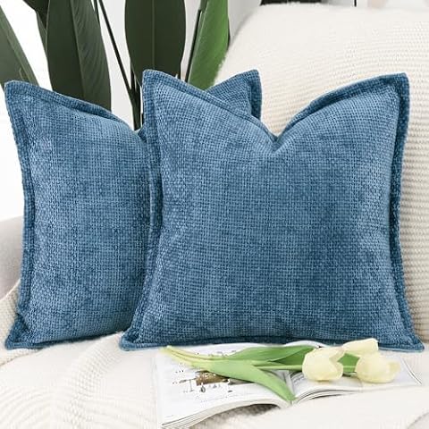 MADIZZ Chenille Velvet Throw Pillow Covers with Flange Set of 2 Super Soft Boho Textured Pillow Covers Decorative Throw Pillowcases Modern Farmhouse Home Decor for Sofa Bedroom Dark Blue 18x18 Inch Cover