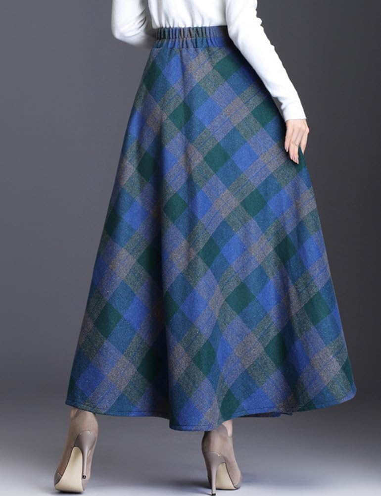 Women's Plaid Skirt Warm Elastic Waist Wool A-Line Pleated Tartan Winter Long Skirts - Image 3