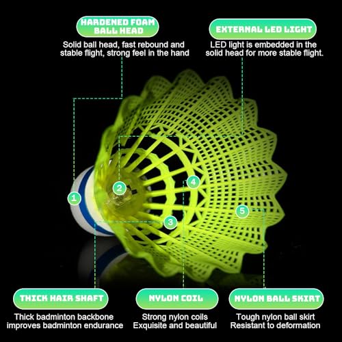SGZIOO 8 Stück LED Badminton Bälle, 4 Farben LED Nylon Federball Set, Federball Bälle, Leuchtende Federbälle mit Hoher Stabilität und Haltbarkeit für Indoor/Outdoor/Nacht Sportaktivitäten