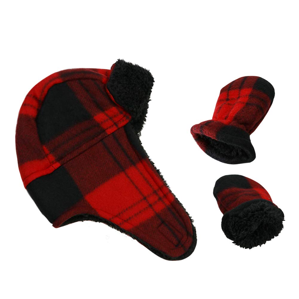 YR.LoverLittle Boys and Baby Sherpa Lined Winter Warm Hat Mitten Set (Red Gezi, L (2-3Years))