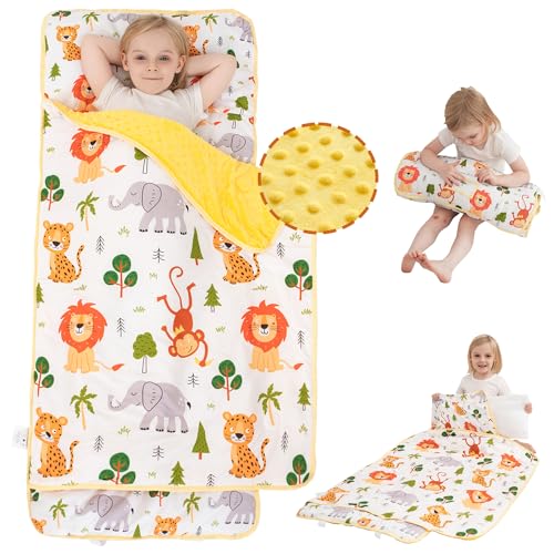 Image of Viviland Toddler Nap Mat with Pillow and Minky Dot Blanket, Rolled Sleeping Mat /Slumber Bag for Girls Boys, Kids Nap Mat for Preschool, Daycare, Kindergarten, Travel Camping - Zoo Animal