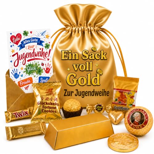 Geld-Geschenk Ein Sack voll Gold zur Jugendweihe edler goldener Satin-Geschenkbeutel mit lustigem Aufdruck goldfarbenen Leckereien & befüllbarem Goldbarren (aus goldfarbenem Karton) Größe L