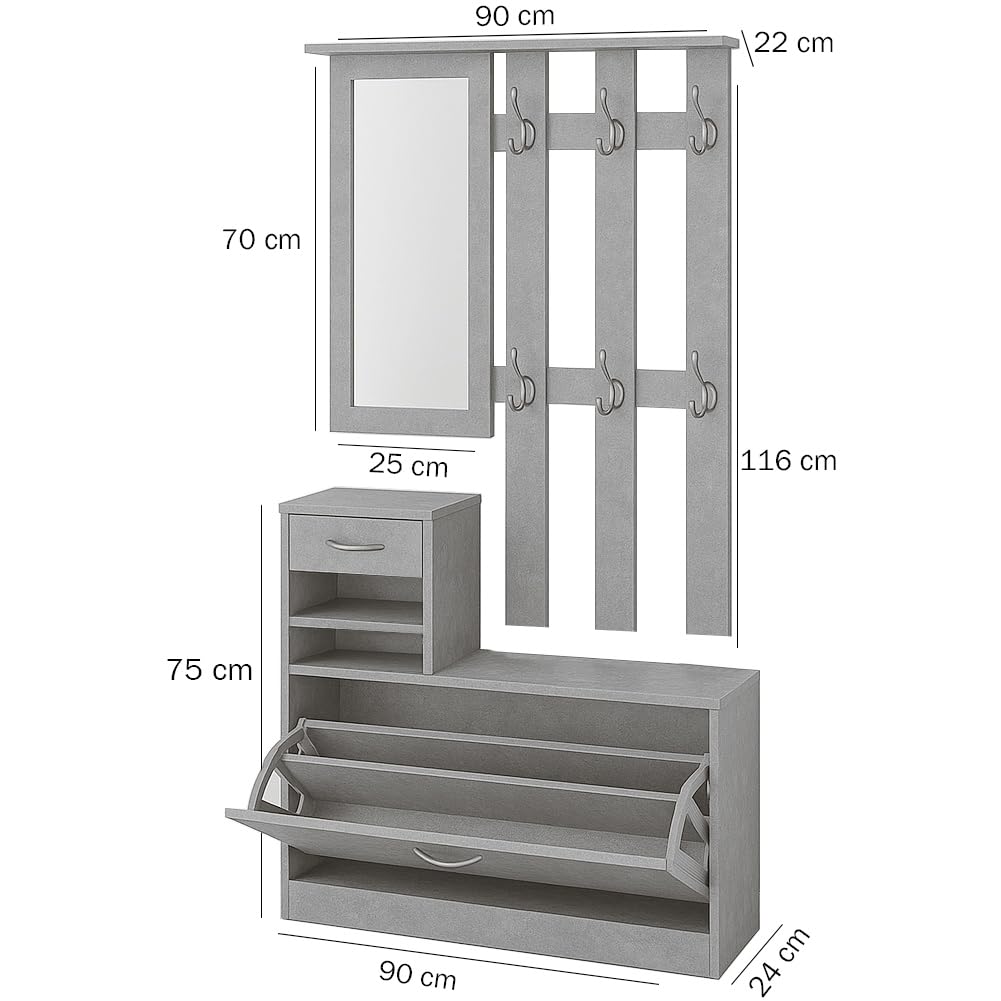 BAKAJI Set Mobili Ingresso Design Moderno con Scarpiera Panca Cassetto Specchio Rettangolare e Appendiabiti Attaccapanni 6 Ganci da Parete Casa Design Moderno in Legno (Grigio)