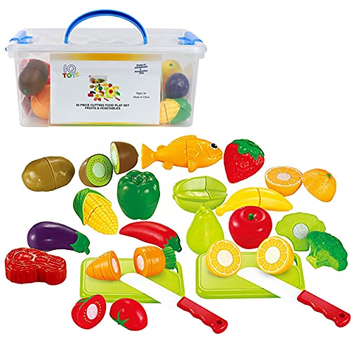 IQ Toys Play Food Set 35 Piece Cutting Fruits and Vegetables Playset with 2 Knives and Cutting Boards Accessories in Storage Container