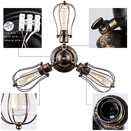 Moonkist Vintage Ceiling Light Industrial Rotatable Semi-Flush Mount Ceiling Light Metal Lamp Fixtures Painted Finish (With 3 Light) (Bronze) #TOP5