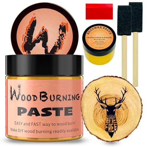 LAOBIAO Wood Burning Paste Beeswax Kit 1 Jar Wood Burning Gel with 1 Jar Beeswax Paste 2 Foam Paint Brushes and Squeegees for DIY Arts and Crafting & Stencil Wood Burning