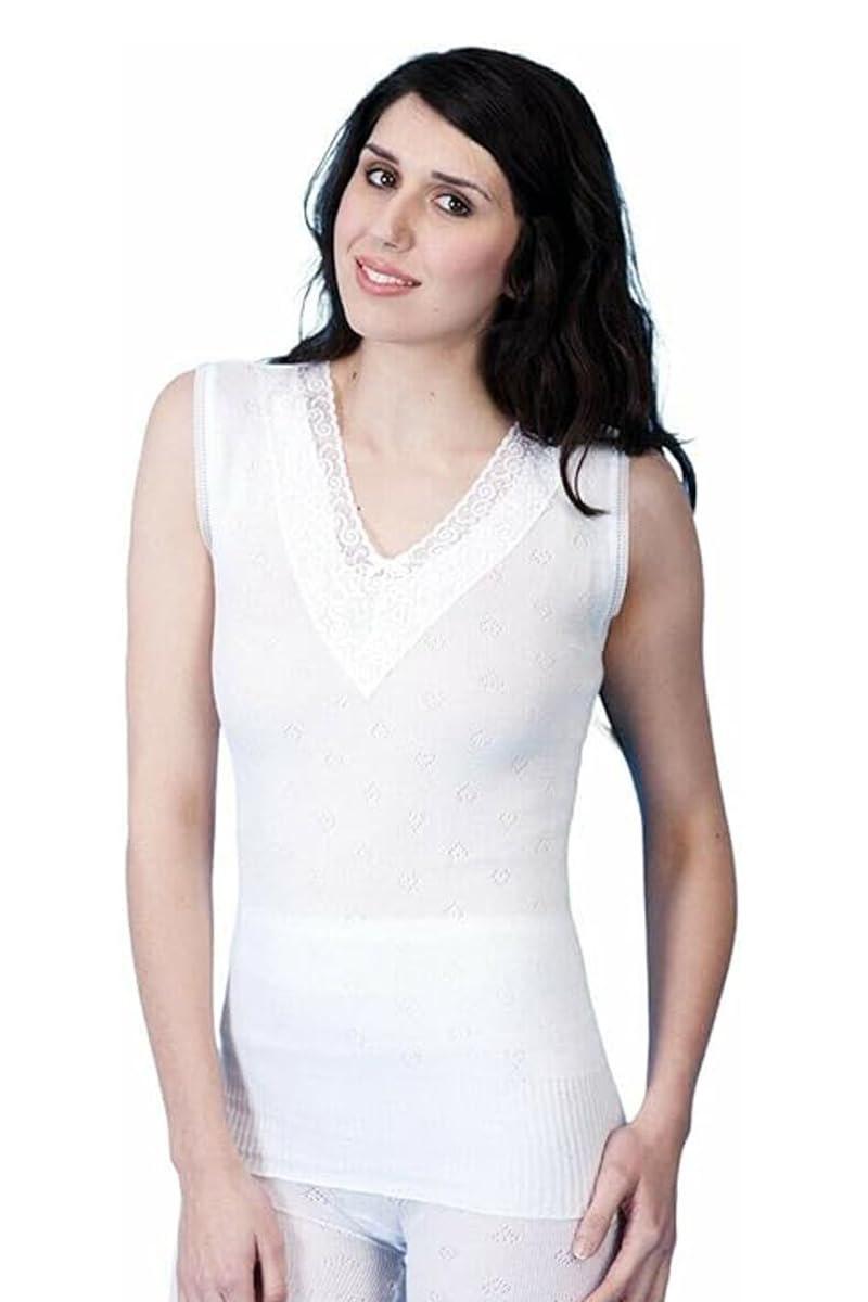 Tesmark Women's White Lace 100% Cotton Built Up Spencer Plain & Lace Underwear Tops, Soft Stretchy White Comfortable Sleepwear And Loungewear Base Layer Uk Size S-3Xl (S, )