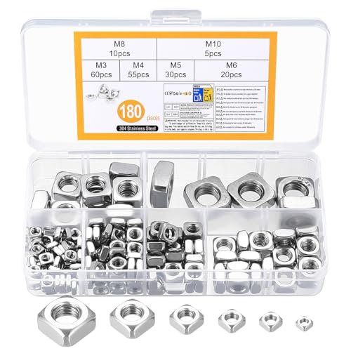 180 PiezasTuercas Cuadradas, Tuerca Cuadrada, Tuercas de Acero InoxidableTuercas Roscadas, Tuercas de Inserción Cuadradas DeslizantesTuercas para Tornillos Madera, M3 M4 M5 M6 M8 M10
