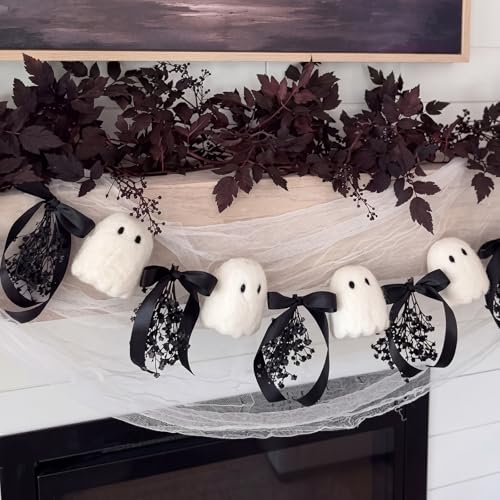 Kajaia 6.5 ft Halloween Ghost Garland with Black Bows and Gypsophila Flocked Foam White Ghost Banner Cute Halloween Decor for Mantel Fireplace Doorways Spooky Party Haunted House Decorations