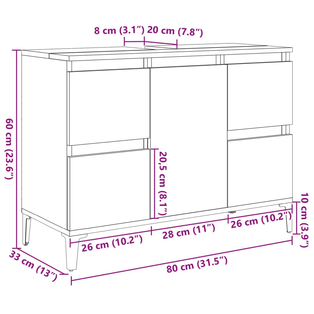 vidaXL Armario de Lavabo Madera contrachapada Gris hormigón 80x33x60cm