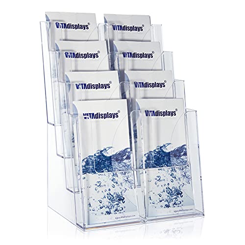 taymar 4C230 Tisch-Prospektständer, Prospektaufsteller im DIN A4 Format (4 Fächer) auf 4 Etagen inkl. Fach-Teilern für eine optionale Umrüstung auf DIN Lang (DL) - trifold mit 8 Fächern – Transparent