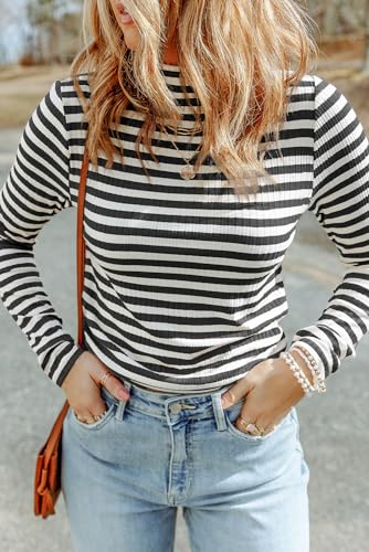 Image of Melliflo Womens Long Sleeve Mock Neck Striped Shirt Casual Cute Color Block Knit Tops Trendy Fall Fitted Basic Outfits