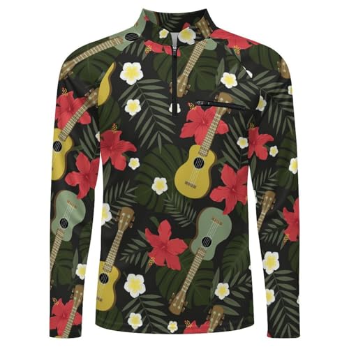 Flowers Palm Leaves Guitars Men's Rash Guard Long Sleeves Quick Dry Fishing Workout Shirts with Zipper4