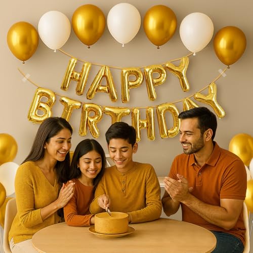 Image of Party Propz Happy Birthday Banner Decoration Kit - 12Pcs Golden Happy Birthday Banner, Foil Banner with Gold Balloons, White Balloons,Balloon for Birthday Decoration, Arch Roll (Foil, Latex)