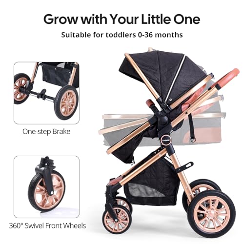 Image of Cochildor DuraFlex 2 in 1 Baby Stroller, Foldable Travel Stroller | Infant Stroller for Newborn to Toddler, Compact Stroller with Reversible Seat, All-Terrain Wheels, UPF 50+ Canopy, Black
