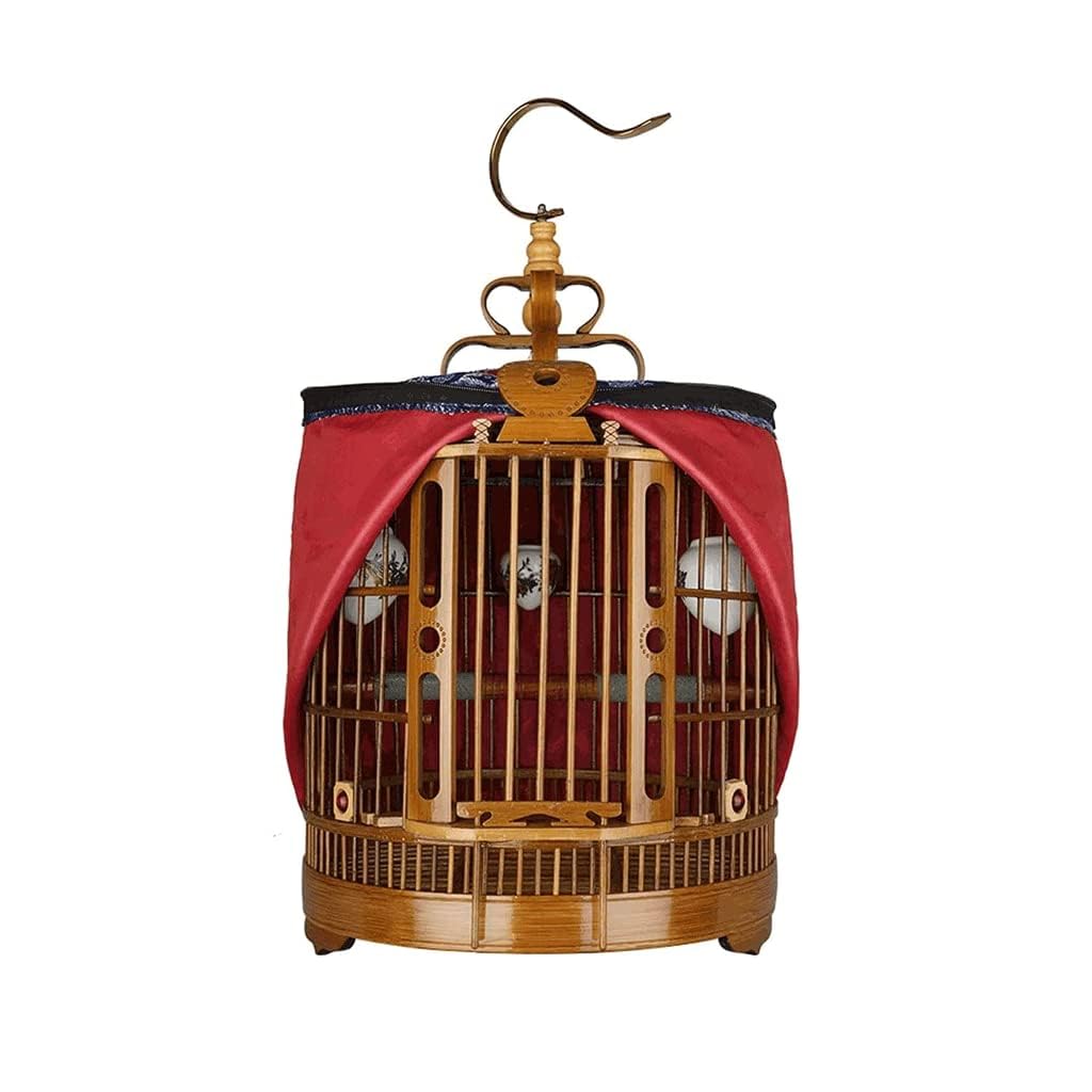 Jaula de bambú para pájaros, diseño redondo vintage para colgar con soporte rodante y tallas intrincadas, espaciosa jaula de vuelo para pájaros pequeños