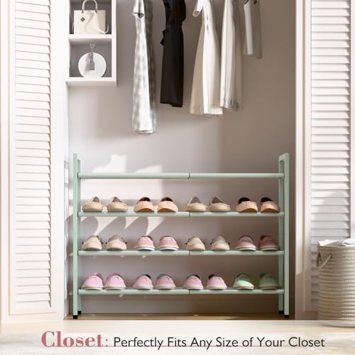 Image of Bumusty 4-Tier Expandable Shoe Rack for Closet, 18 inch-33 inch Adjustable Shoe Rack for Small Space, Small Shoe Organizer for Front Door, Sturdy Metal, Green