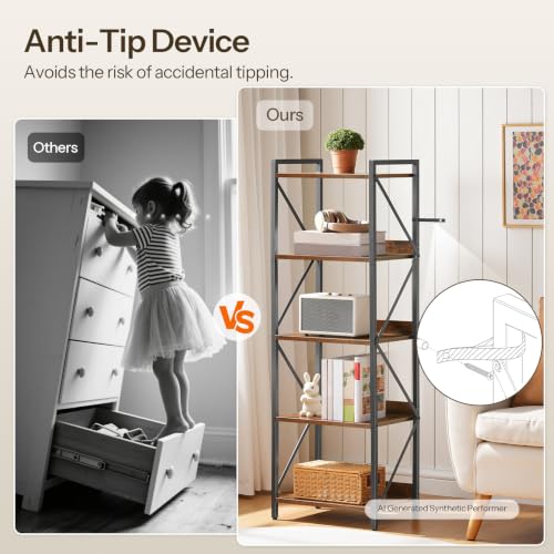 Image of HOOBRO Bookshelf, 5-Tier Industrial Bookcase, Book Shelf Storage Organizer, Tall Bookshelf with Metal Frame for Living Room, Bedroom, Home Office, Kitchen, Rustic Brown and Black BF73SJ01
