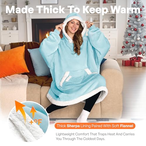 Image of Giggling Getup Wearable Blanket Hoodie for Women Men Gifts for Women Mom Wife Sherpa Fleece Hooded Blanket Sweatshirt Warm Cozy Sherpa Wearable Throw with Pocket & Sleeves for Adult Standard Sky Blue