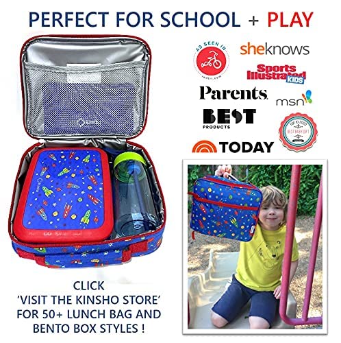 Image of kinsho Bento Lunch Box, Water Bottle, Ice Pack Set For Kids Toddlers, 5 Portion Sections, Removable Plastic Tray, Small Pre School Daycare Lunches, Snack Container, Blue Red Space Rocket