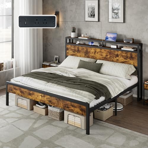 Image of AMERLIFE King Size Bed Frame with Storage Headboard & Charging Station, Industrial Metal Platform Bed with Large Under-Bed Storage, Heavy Duty Slats, No Box Spring Needed, Dark Brown