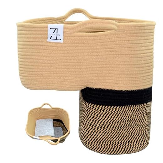 Rope Stair Basket for Carpeted and Wooden Stairs - Rope Basket with Handles - Cotton Rope Storage Basket - Collapsible Basket for Stairs With Felt Sheet Internal Support (Large, Cotton Rope Brown)