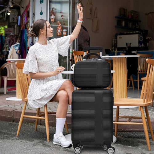 4 Piece Luggage, Modern Lightweight Suitcase with Hooks and Spinner Wheels Cross Stripe Luggage Sets with Password Lock and Telescopic Rod for Business Travel Domestic Foreign Travel,Black3