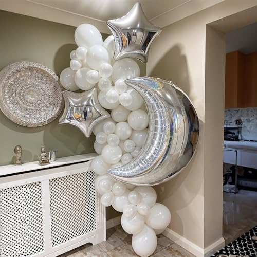 Image of Moon and Star Balloons New Years Balloons 36 /18 Inch Metallic Silver Moon Five Angle Stars Foil Balloon for Happy New Year Eve Ramadan Baby Shower Engagement Birthday Anniversary Party Decor