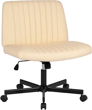 Criss Cross Chair with Wheels Cross Legged Office Desk Modern Swivel Height Adjustable Wide Seat Computer Task Vanity Chair Comfy Fabric Armless Seating for Home Office Beige